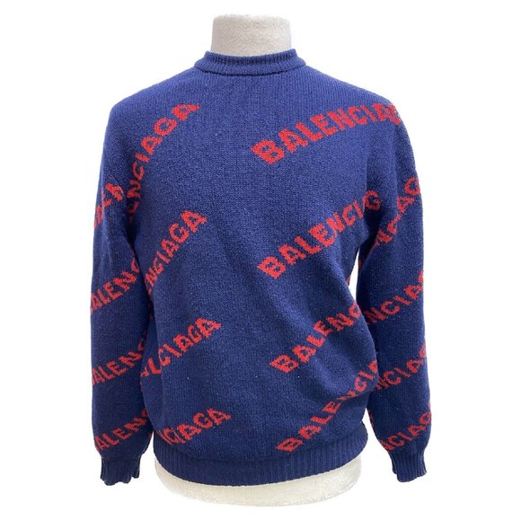 100% Authentic Balenciaga Allover Logo Sweater in Blue & Red Size Small - Picture 1 of 9